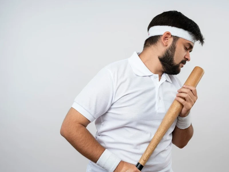 A man wearing an athletic headband and wristbands holds a baseball bat