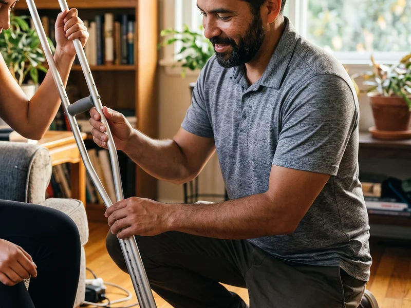 Close-up of hands adjusting the height of a crutch during at-home recovery